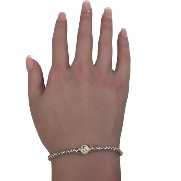 925 Sterling Silver Beaded Stretch Stacking Bracelet MOP Letter Initial R - Picture 2 of 5